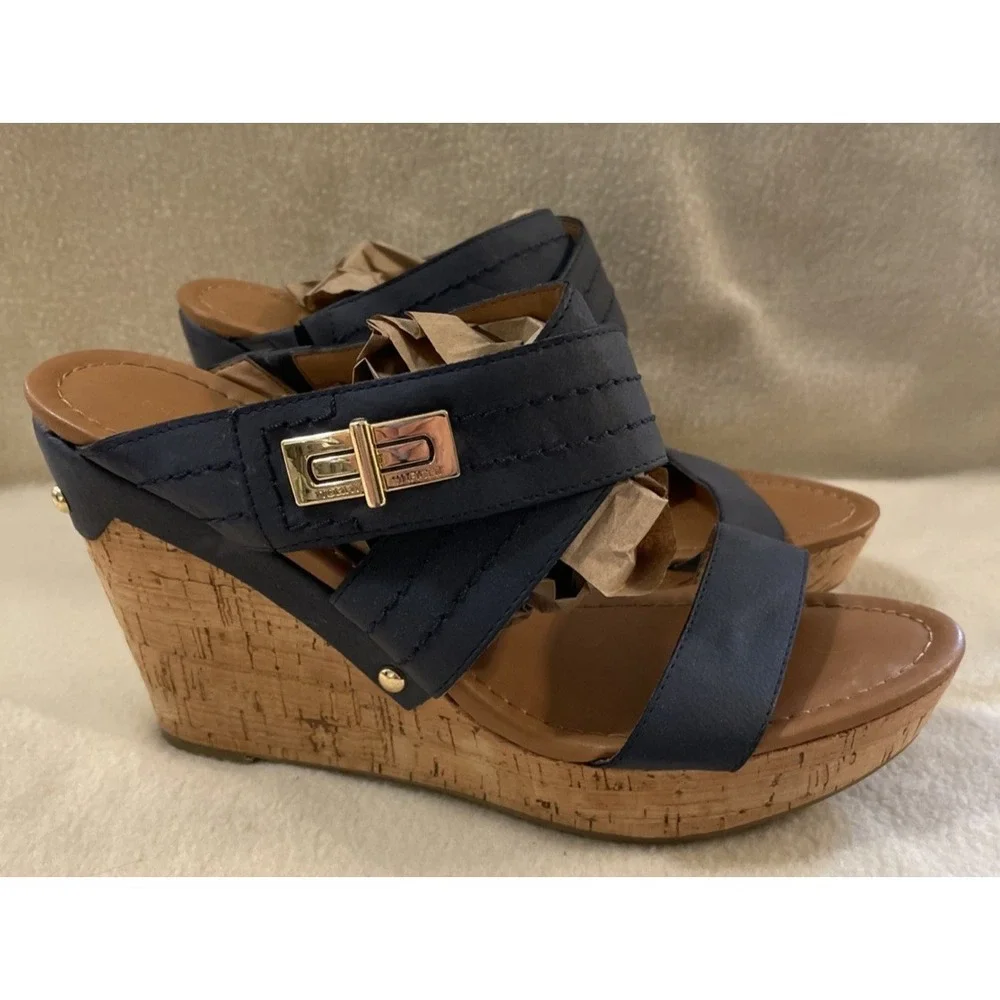 Tommy Hilfiger Women's Size 10 Blue Strappy Cork Wedge Sandals Platform Buckle